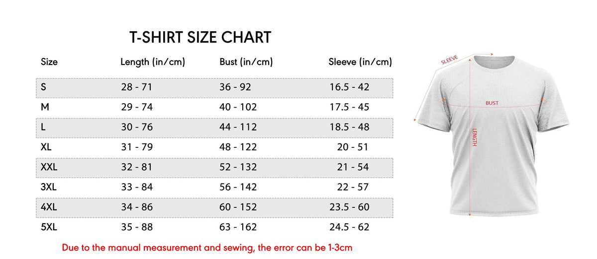 Light gray short-sleeve T-shirt with size chart panel alongside the model