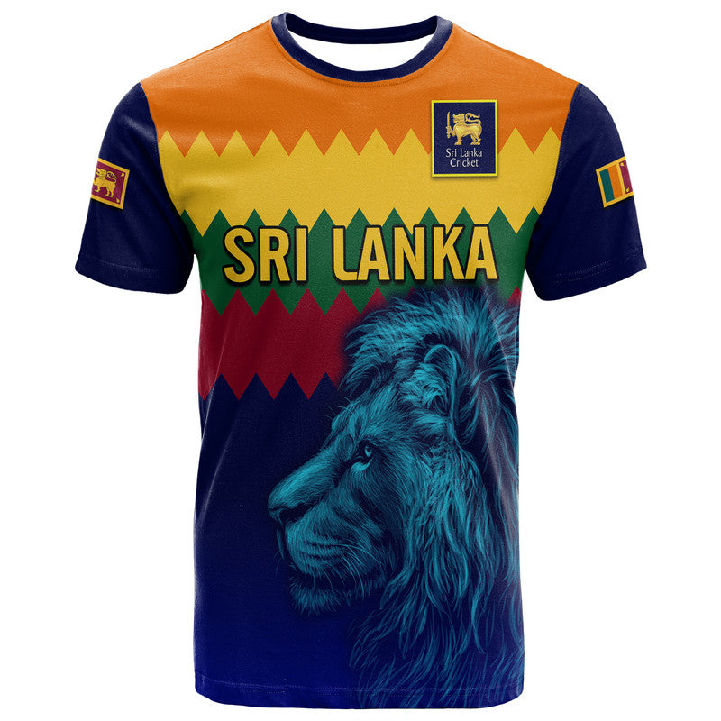 Sri Lanka cricket T-shirt, orange and navy, lion face and Sri Lanka lettering