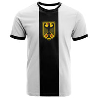 White football T-shirt with black collar, black center stripe, and Germany crest