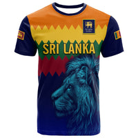 Sri Lanka cricket T-shirt with lion graphic, chevron colors, and navy sleeves
