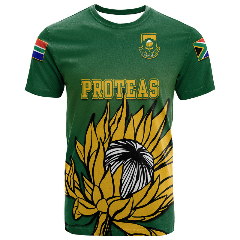 Green Proteas cricket team T-shirt with front crest, “PROTEAS” text, and lion graphic