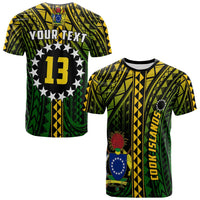 Black T-shirt with green and yellow Polynesian pattern, Your Text, stars, number 13