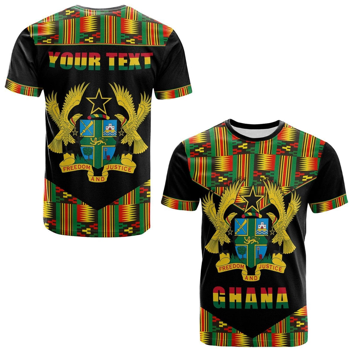 Ghana Proud T‑Shirt: Goldadler-Emblem, „YOUR TEXT“ auf schwarzem Stoff
