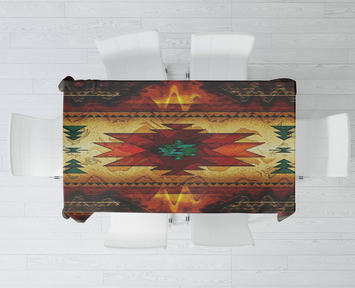 Multicolor tribal pattern rectangular tablecloth with central star and geometric border