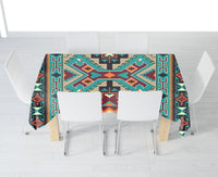Geometric multicolor table cloth with teal, tan, orange, and dark patterned bands