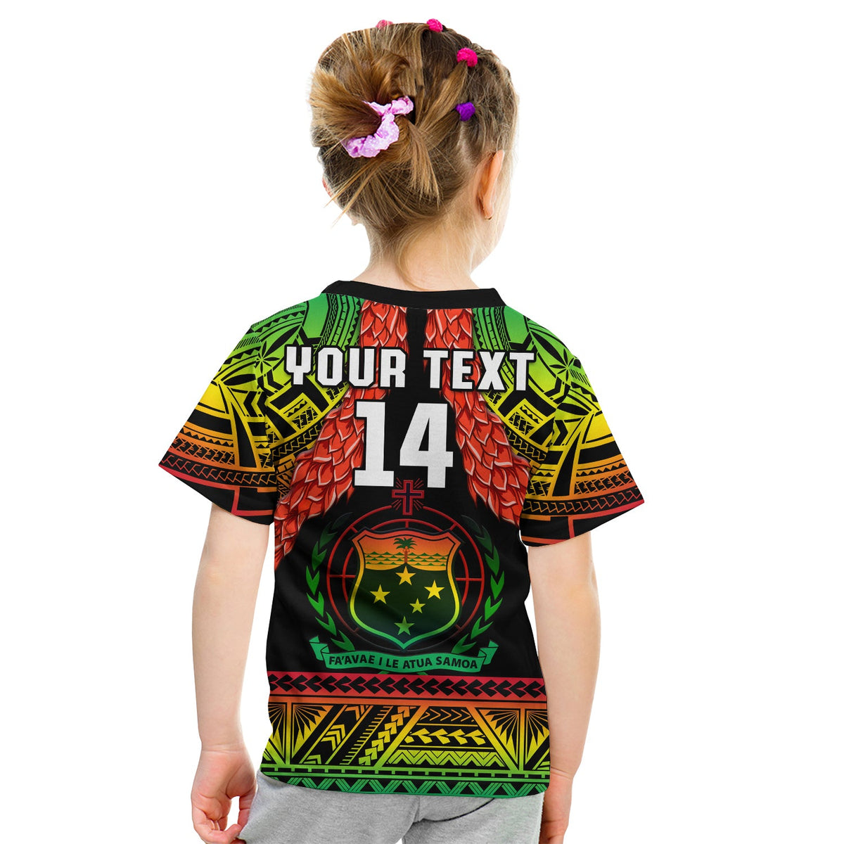 Kids rugby t-shirt back with YOUR TEXT and number 14 over shield crest