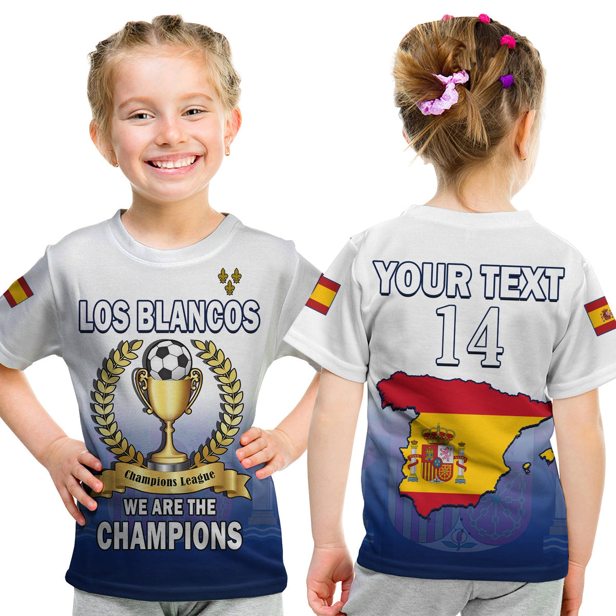 Camiseta fútbol infantil gris: 'LOS BLANCOS' y copa; 'YOUR TEXT 14' detrás
