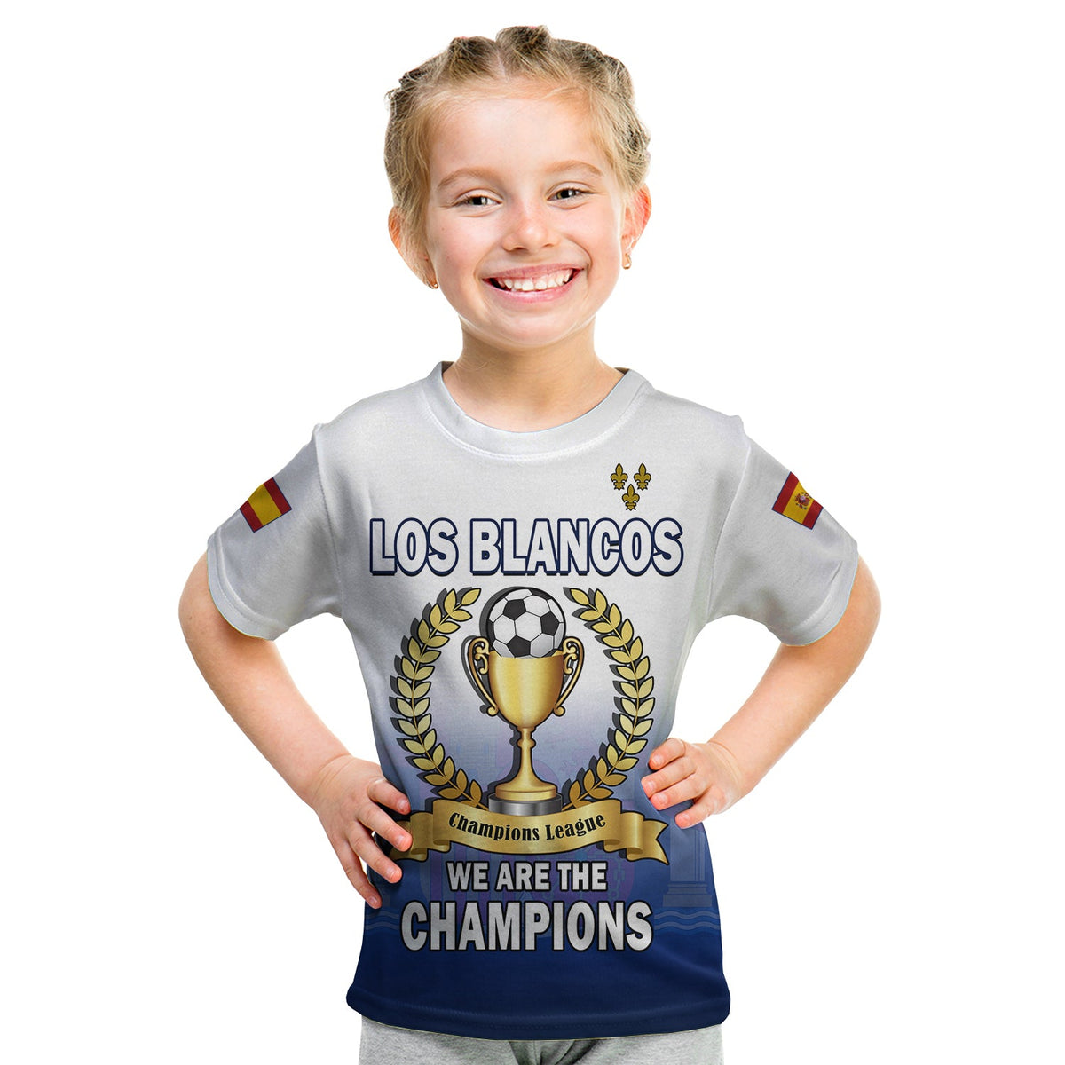 Kids Spanish football tee, gray front graphic with trophy and 'We are the Champions'.