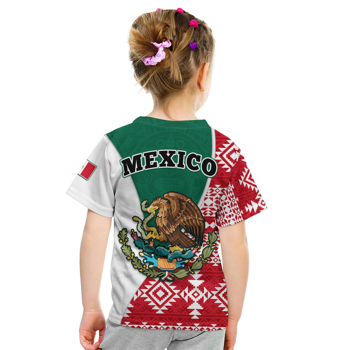 Kids Mexico T-shirt back: “MEXICO” eagle graphic on green panel over gray and red aztec