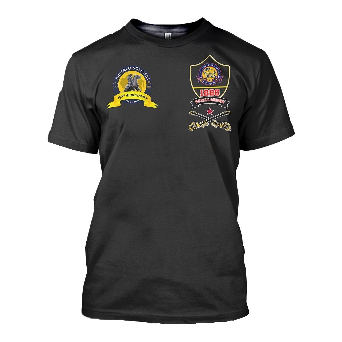 Black Buffalo Soldiers T-shirt with multicolor front crest and 150th anniversary ribbon