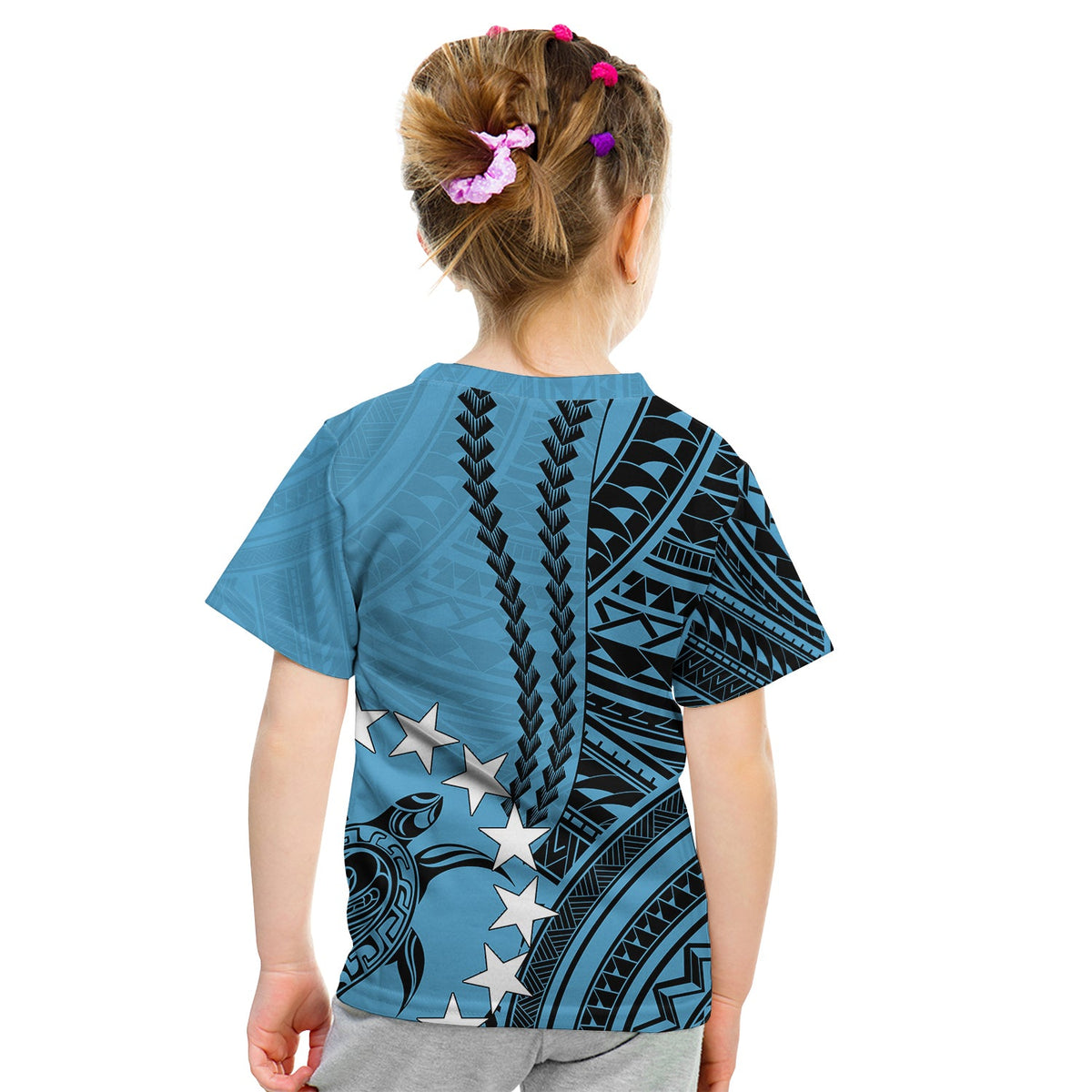 Kids blue Polynesian T-shirt back with tribal geometric pattern and woven-style design
