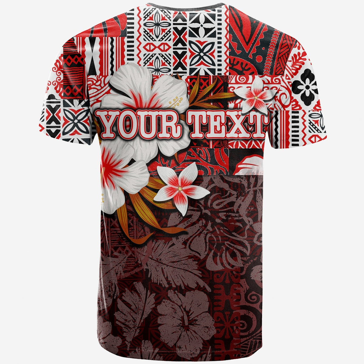 Red T-shirt with 'YOUR TEXT' graphic, white hibiscus and geometric patterns