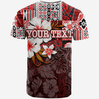 Red T-shirt with 'YOUR TEXT' graphic, white hibiscus and geometric patterns