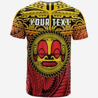 Yellow T-shirt back: 'YOUR TEXT' tiki face Polynesian design
