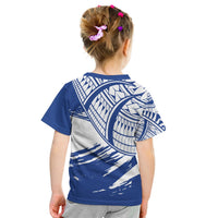 Kids blue T-shirt with back print: claw pattern and flag-style emblem