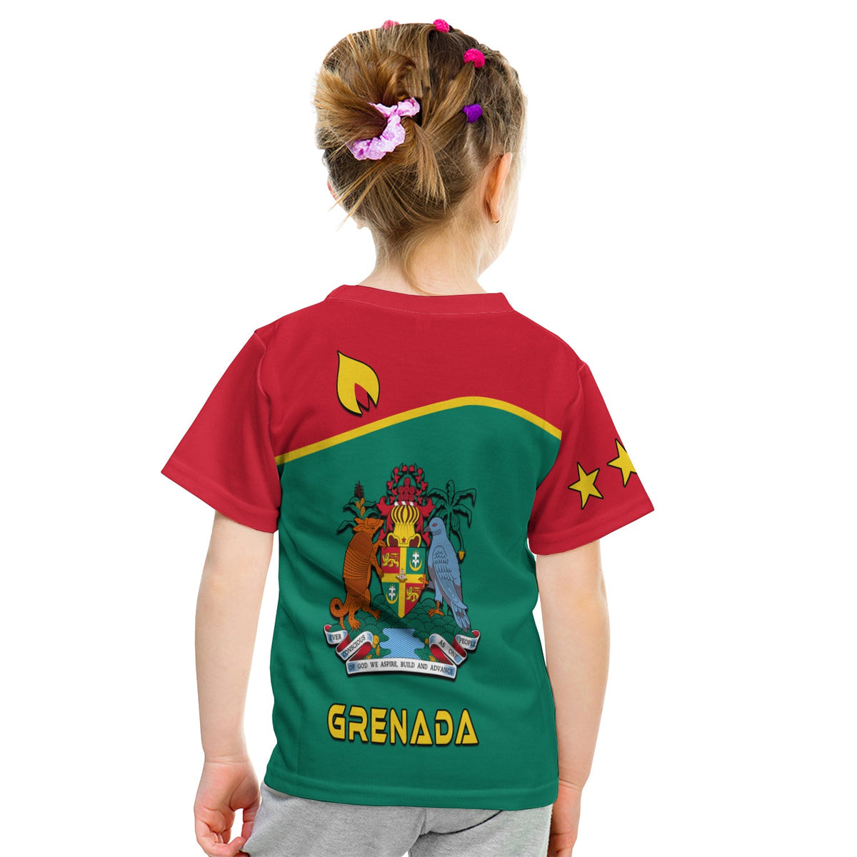 Kids Grenada back print T-shirt, red sleeves and green coat-of-arms graphic with Grenada text