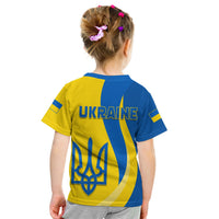 Kid Ukraine flag T-shirt, back shows UKRAINE text and trident emblem
