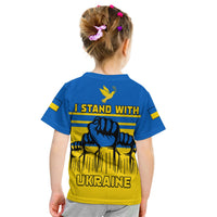 Kid blue Ukraine T-shirt back: 'I STAND WITH UKRAINE' with dove and fists