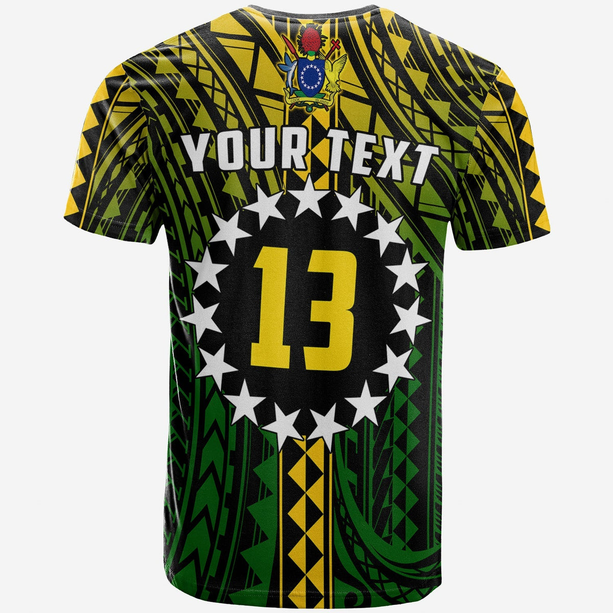 Black T-shirt back with Your Text, star circle design, number 13, Polynesian crest