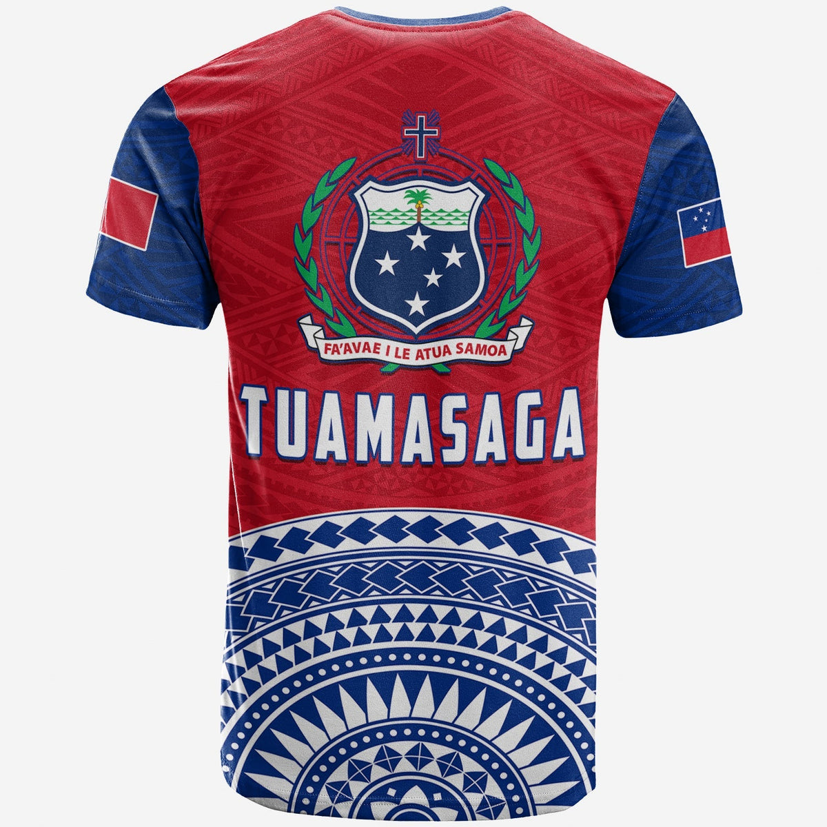 Red Tuamasaga Samoa T-shirt back with crest, laurel, and Polynesian band print