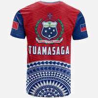 Red Tuamasaga Samoa T-shirt back with crest, laurel, and Polynesian band print