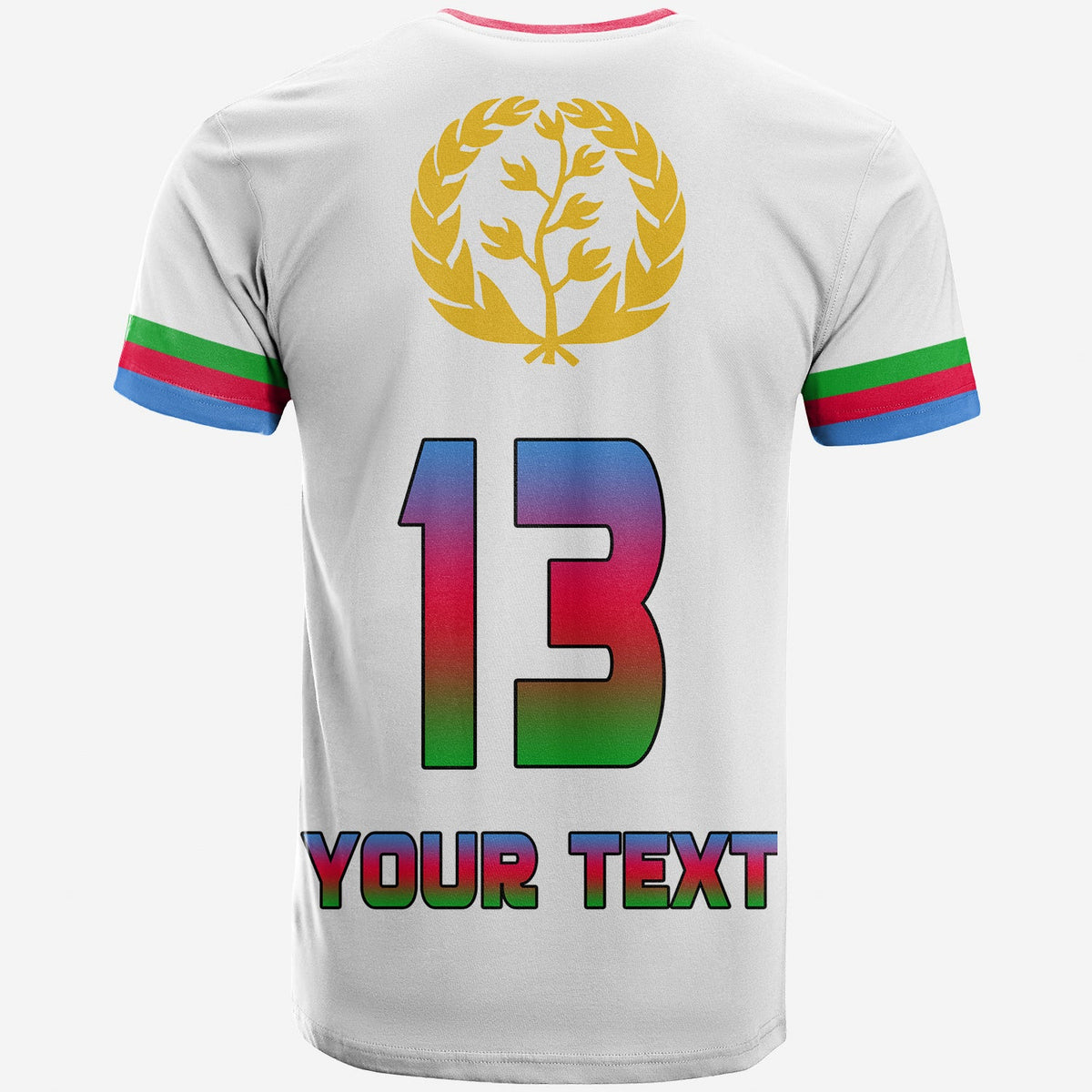 Weißes T-Shirt mit Eritrea-Wappen oben und großen 13-Ziffern, Rückseite mit Text
