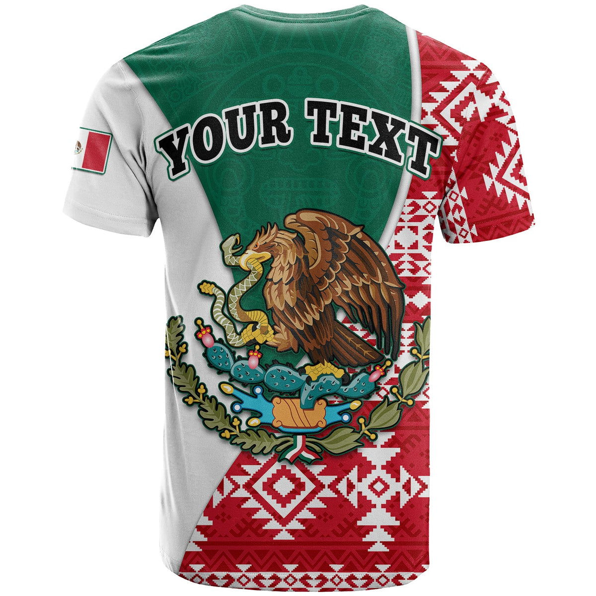 Camiseta con águila y texto YOUR TEXT en verde/blanco, parte trasera con azteca rojo.