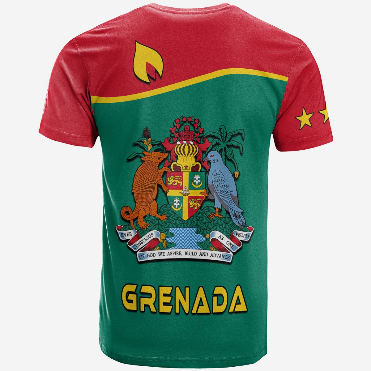 Grenada T-shirt back print: coat of arms, map, 'GRENADA' text on green