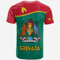 Grenada T-shirt back print: coat of arms, map, 'GRENADA' text on green
