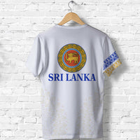 White T-shirt back with circular lion emblem, “SRI LANKA” text, patterned sleeve accents