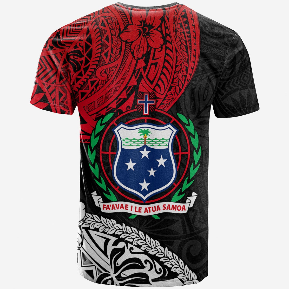Samoa T-shirt back with red/black Polynesian pattern, crest emblem, cross, and laurel