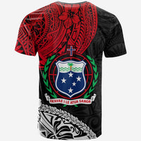Samoa T-shirt back with red/black Polynesian pattern, crest emblem, cross, and laurel