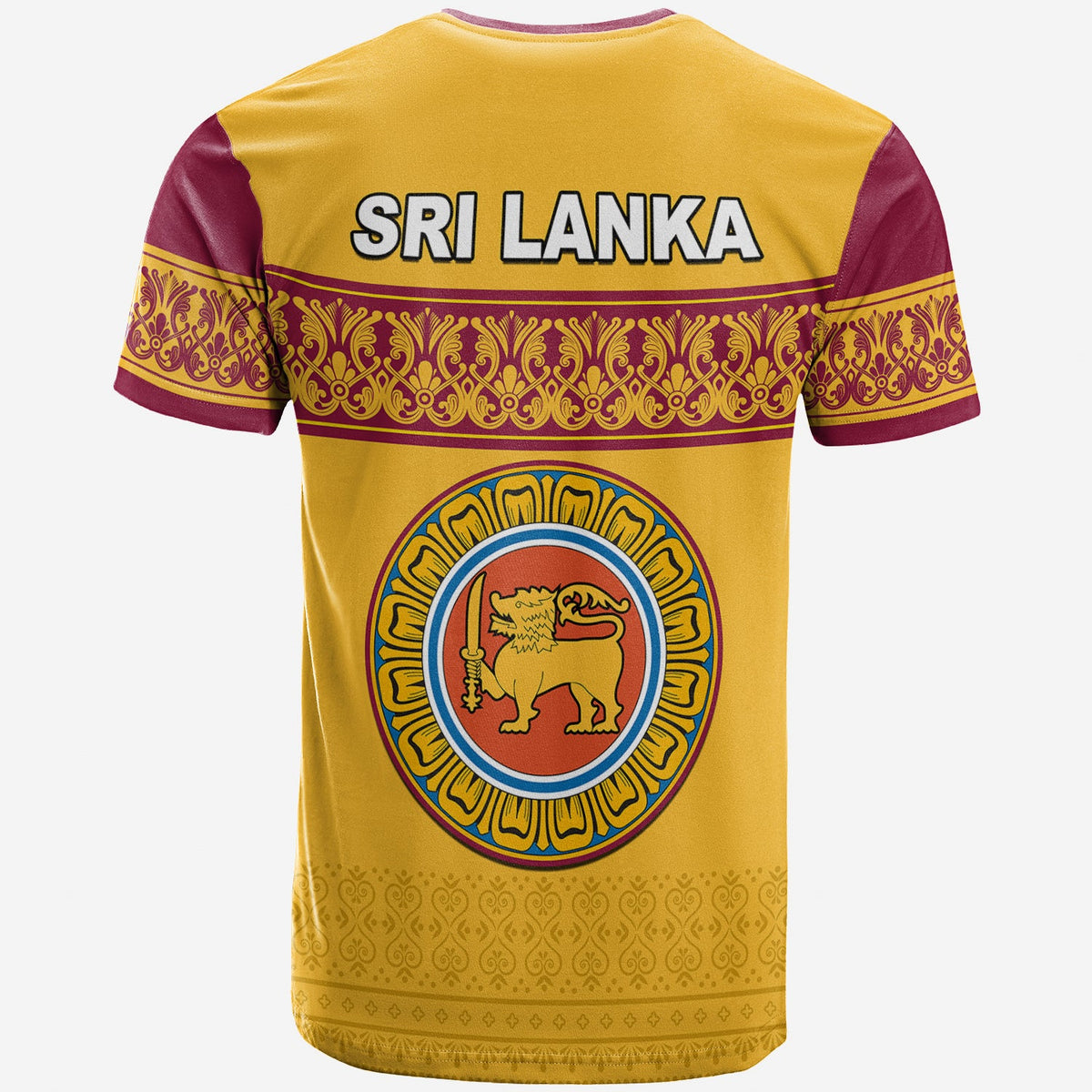 Yellow Sri Lanka T-shirt back with maroon trim, SRILANKA text and circular lion emblem