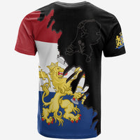 Black T-shirt back with Holland flag map, roaring lion, and red/white/blue panels