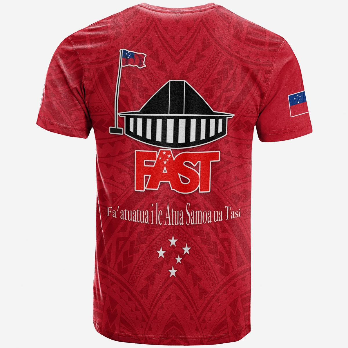 Red back Samoa T-shirt with large 'FAST' stadium graphic, flag pole and stars