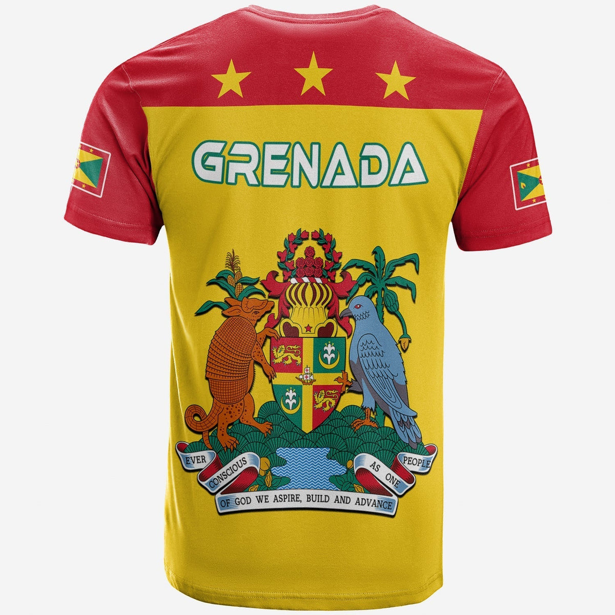 Yellow Grenada T-shirt with red trim, back graphic coat of arms and three stars