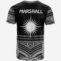 Black T-shirt back with large sunburst, Marshall text, and tribal geometric borders