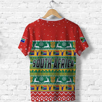 Red Christmas T-shirt with South Africa graphic pattern, rear view