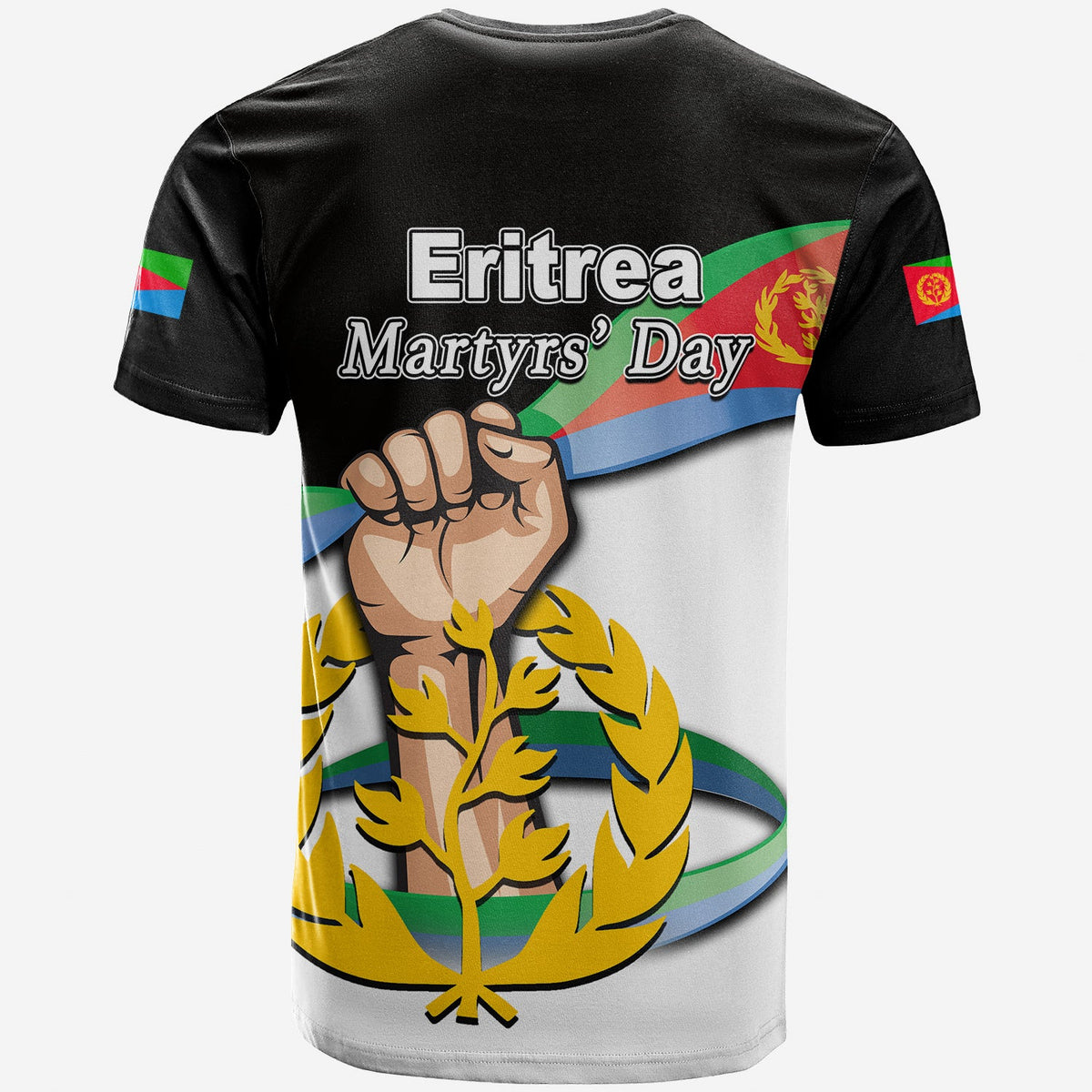 Eritrea Martyrs' Day T-shirt, back with “Eritrea Martyrs' Day” text and hand/olive branch