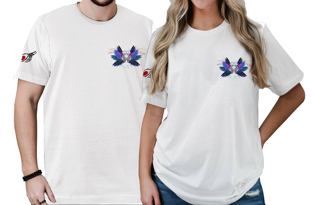 White all-over print T-shirt, front graphic of skull couple with blue wings