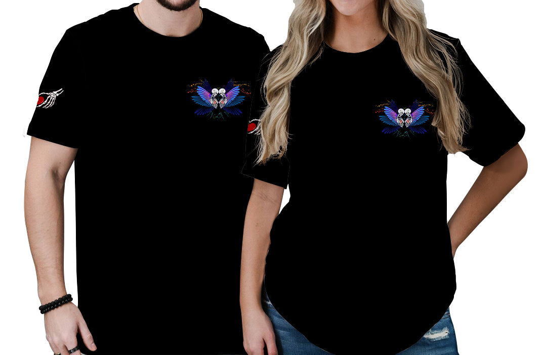 Black gothic skull couple all-over print T-shirt with colorful winged heart chest graphic