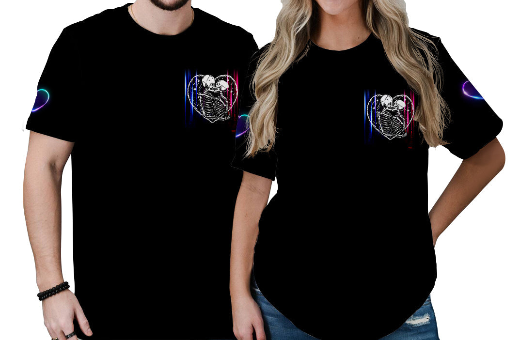 Love You To Death Neon Skull Kiss Couple All Over Print T Shirt LT13