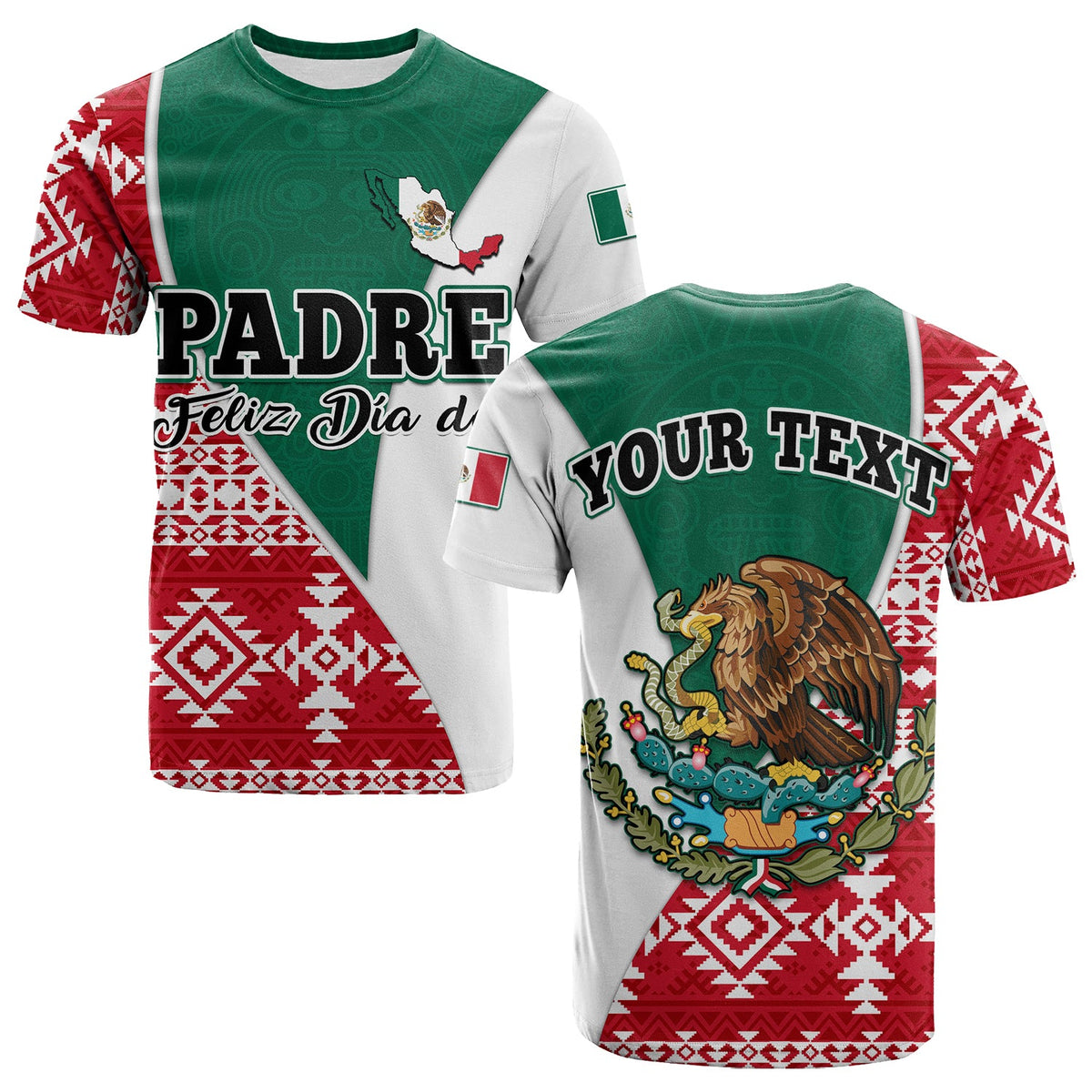 Camiseta verde con blanco y rojo, texto PADRE y Feliz Día de, patrón azteca.