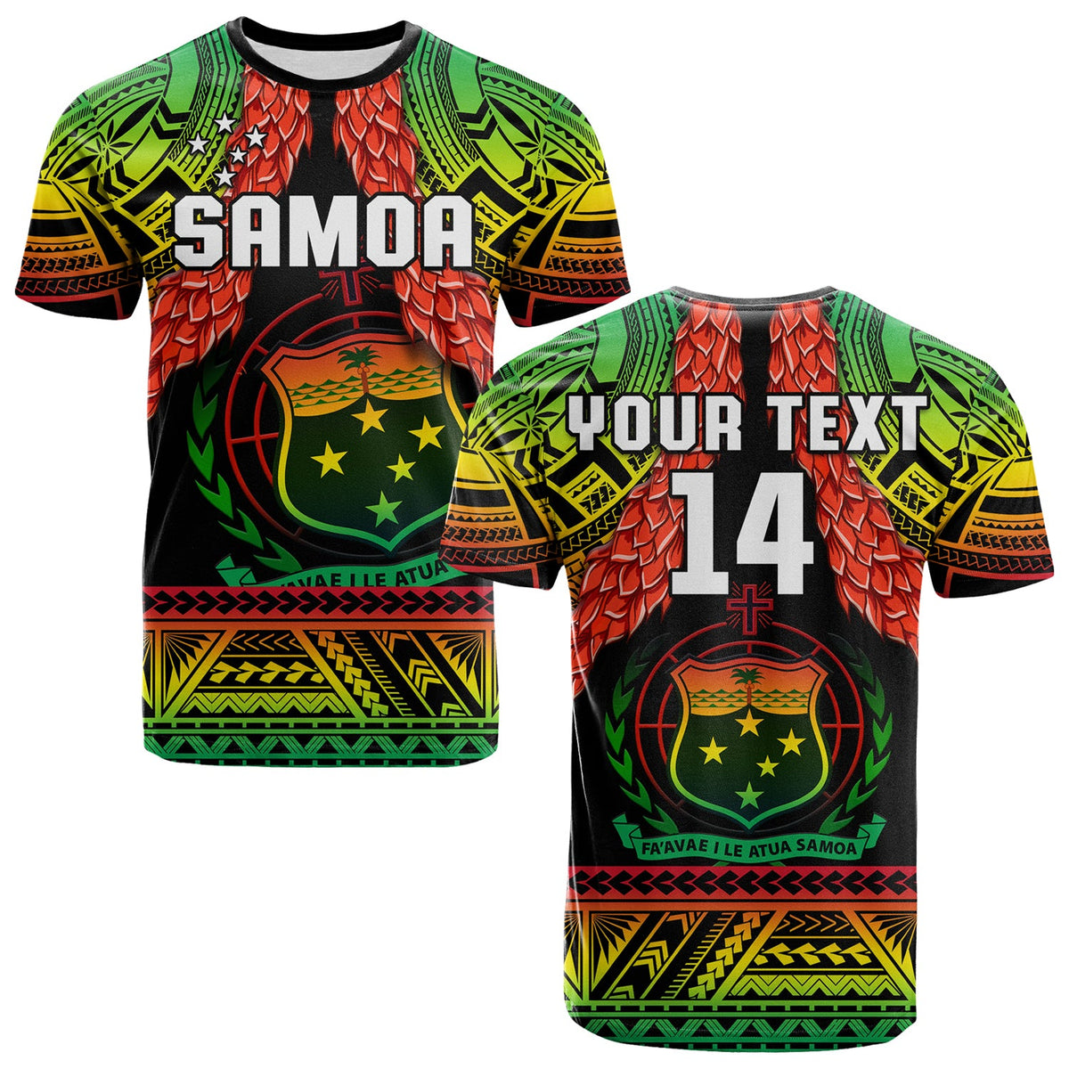 Samoa rugby t-shirt with green, red, yellow patterned print and black crew neck