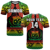 Samoa rugby t-shirt with green, red, yellow patterned print and black crew neck