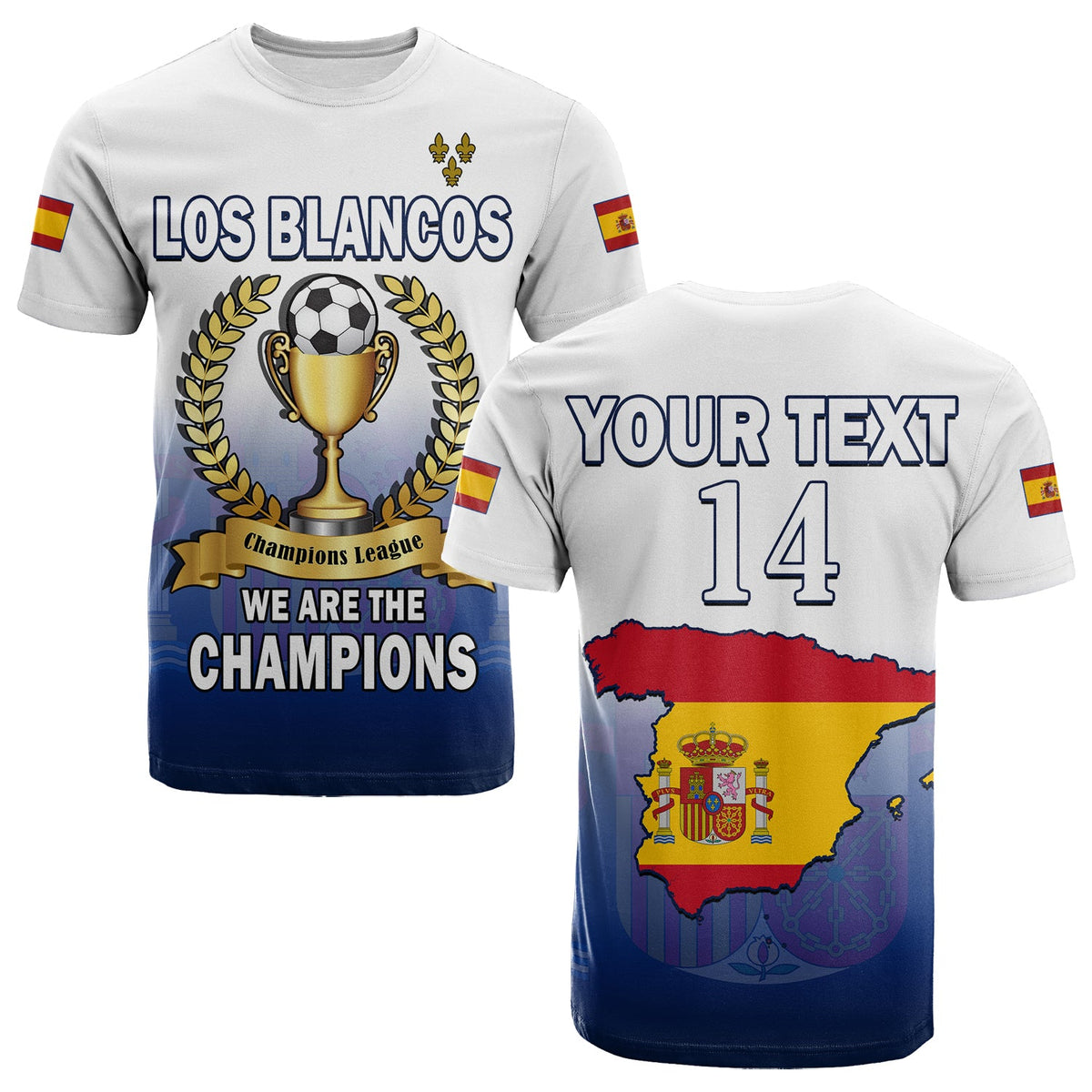 Camiseta blanca Los Blancos con trofeo, balón y texto We Are the Champions