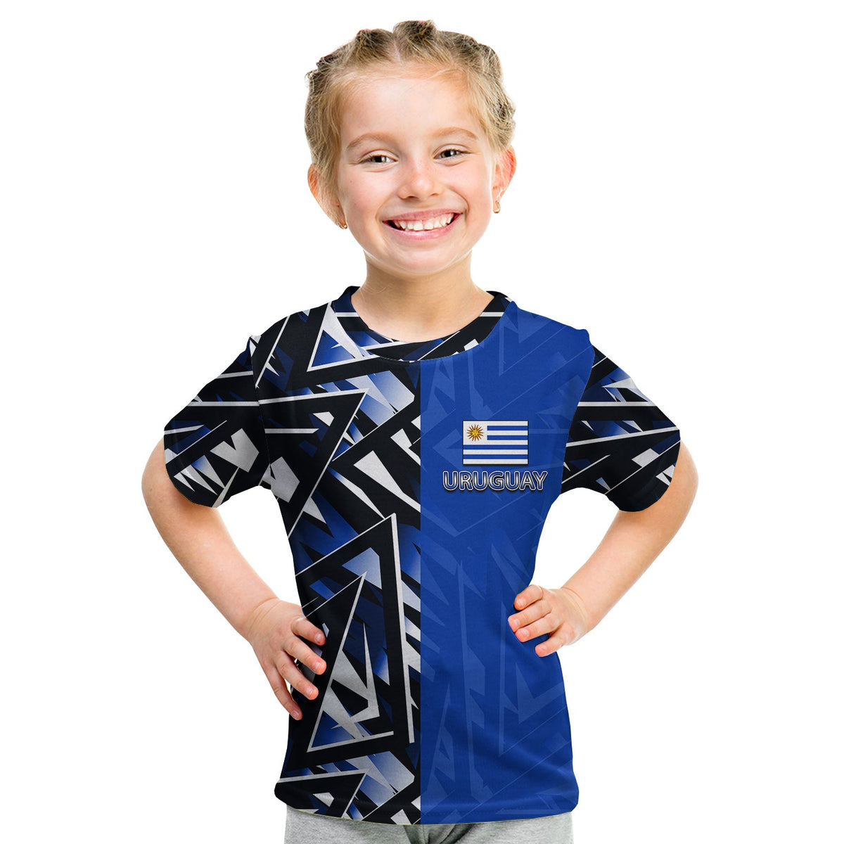 Kid Uruguay sport T-shirt, blue/black geometric design with Uruguay crest on front