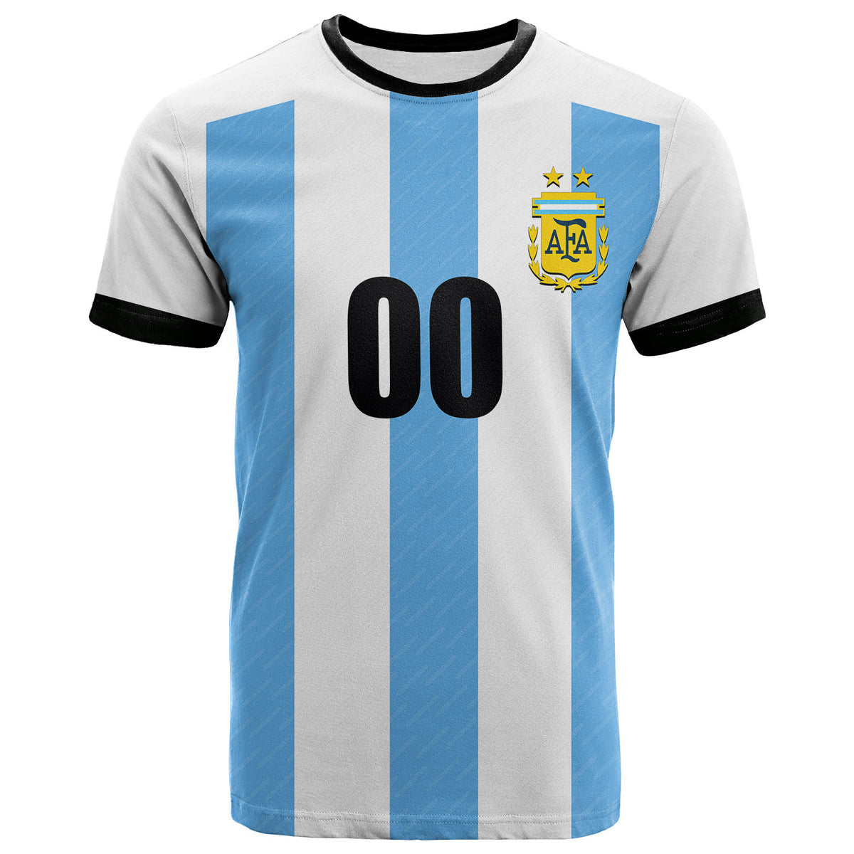 Light blue and white striped soccer T-shirt with black collar, AFA crest, and 00