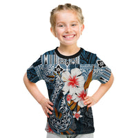 Kid blue T-shirt with black trim, fish hook graphic and red/white flowers front