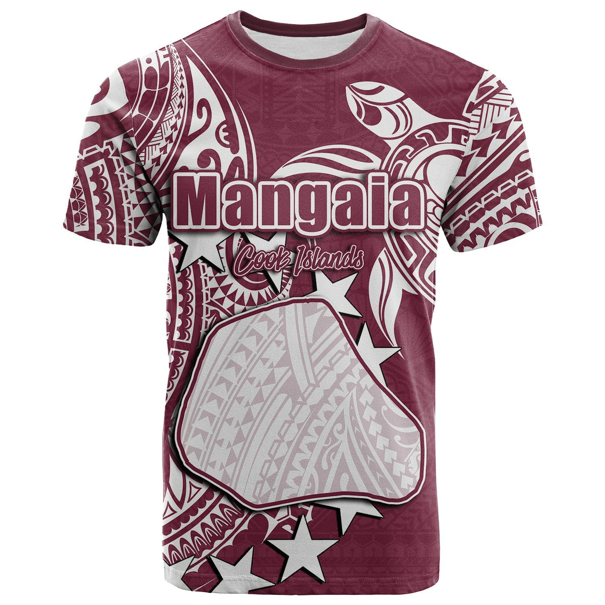 Maroon T-shirt with Mangaia graphic and “Cook Islands” text, short sleeves